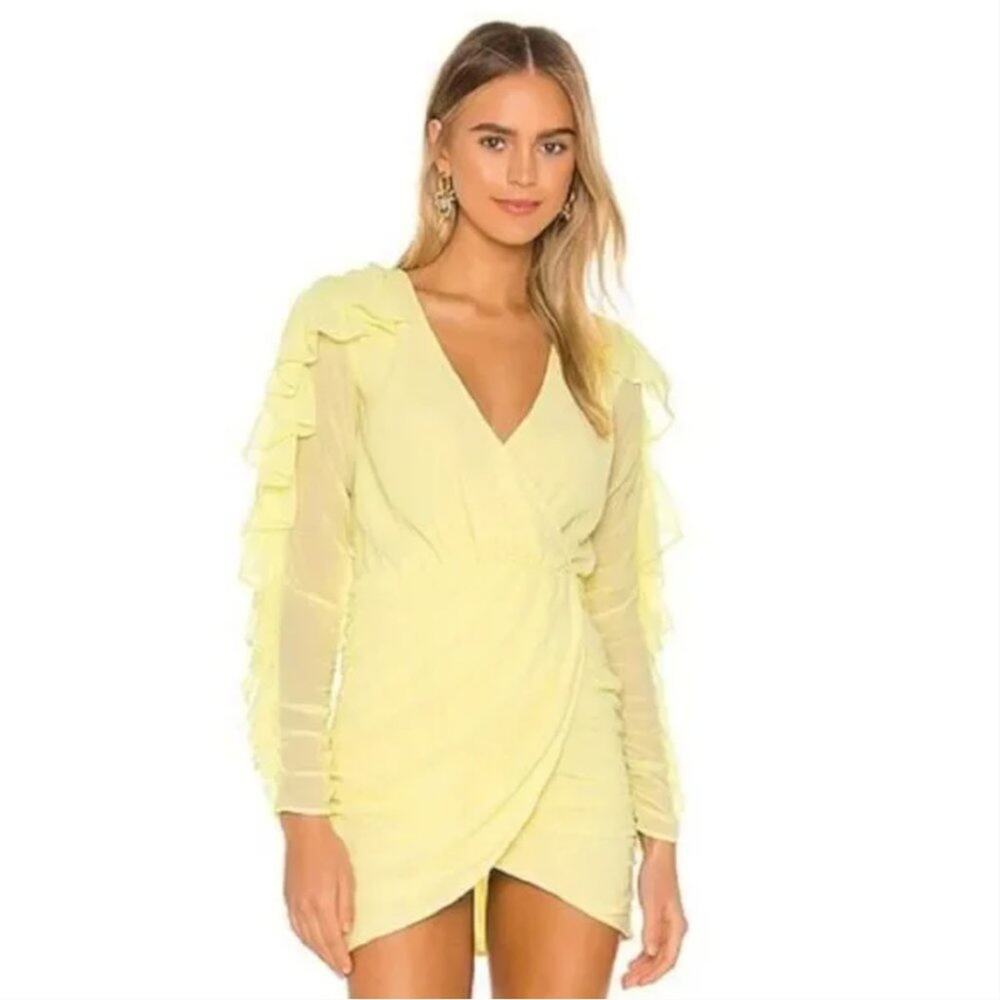 NBD Indira Ruffle Faux Wrap Chiffon Mini Dress Yellow {3A35}